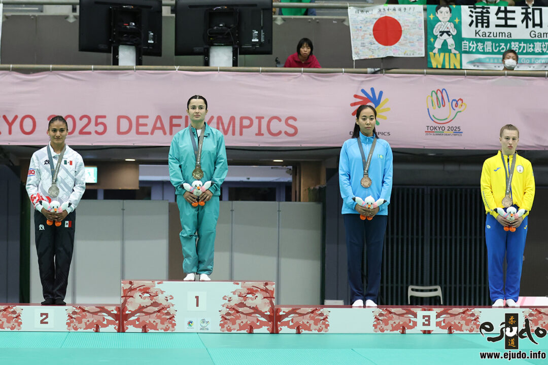 48kg級メダリスト。左から準優勝のマリア=イサベル・ハイトロン、優勝したアリーナ・ポズデエワ、3位のアイム・ジェトピスバエワとエリザヴェータ・ディドレンコ。