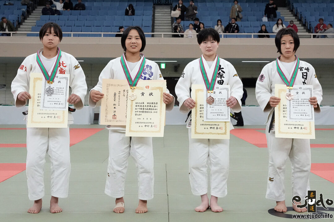 48kg級メダリスト。左から準優勝の竹原萌菜、優勝した富田伊央莉、3位の稲田三彩と植田こころ。