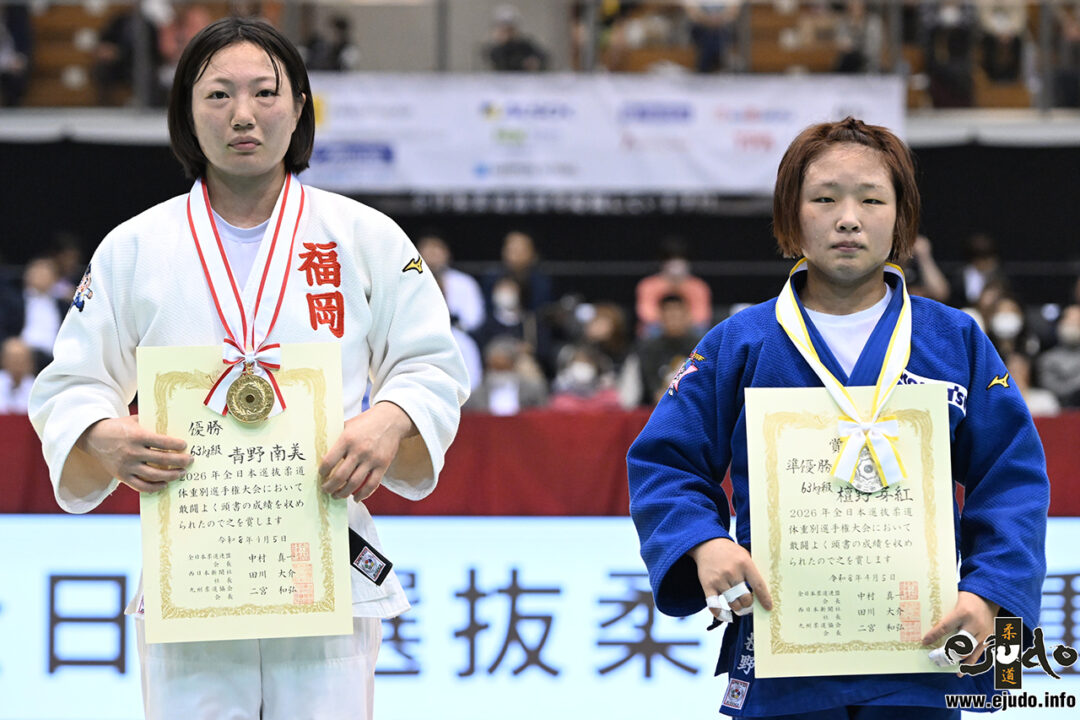 63kg級表彰者。左から優勝した青野南美、準優勝の檀野芽紅。