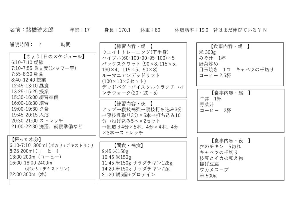 諸橋琥太郎選手の1日