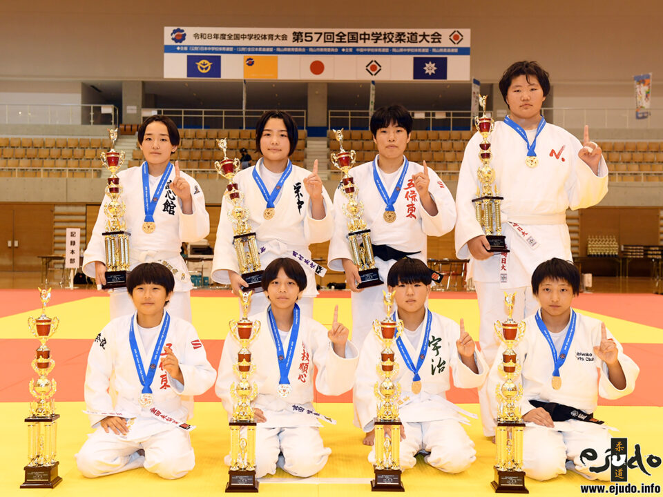女子個人戦優勝者。前列左から金田未梨菜(40kg級)、吉田唯良(44kg級)、吉田咲幸(48kg級)、伊藤彩藍(52kg級)。後列左から我妻優日南(57kg級)、岡村美空(63kg級)、中条めい(70kg級)、ウチラルアンフ(70kg超級)。