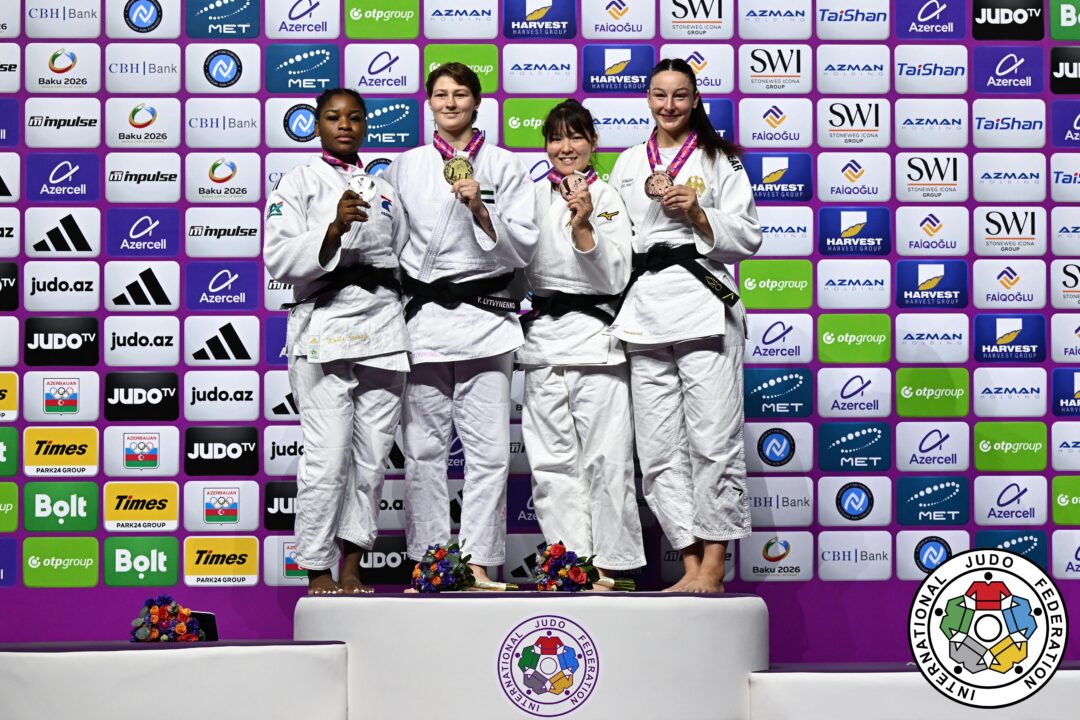 
78kg級メダリスト。左から準優勝のカイラ・イスフィ、優勝したエリザヴェータ・リトヴィネンコ、3位の池田紅とアナ＝モンタ・オレク。