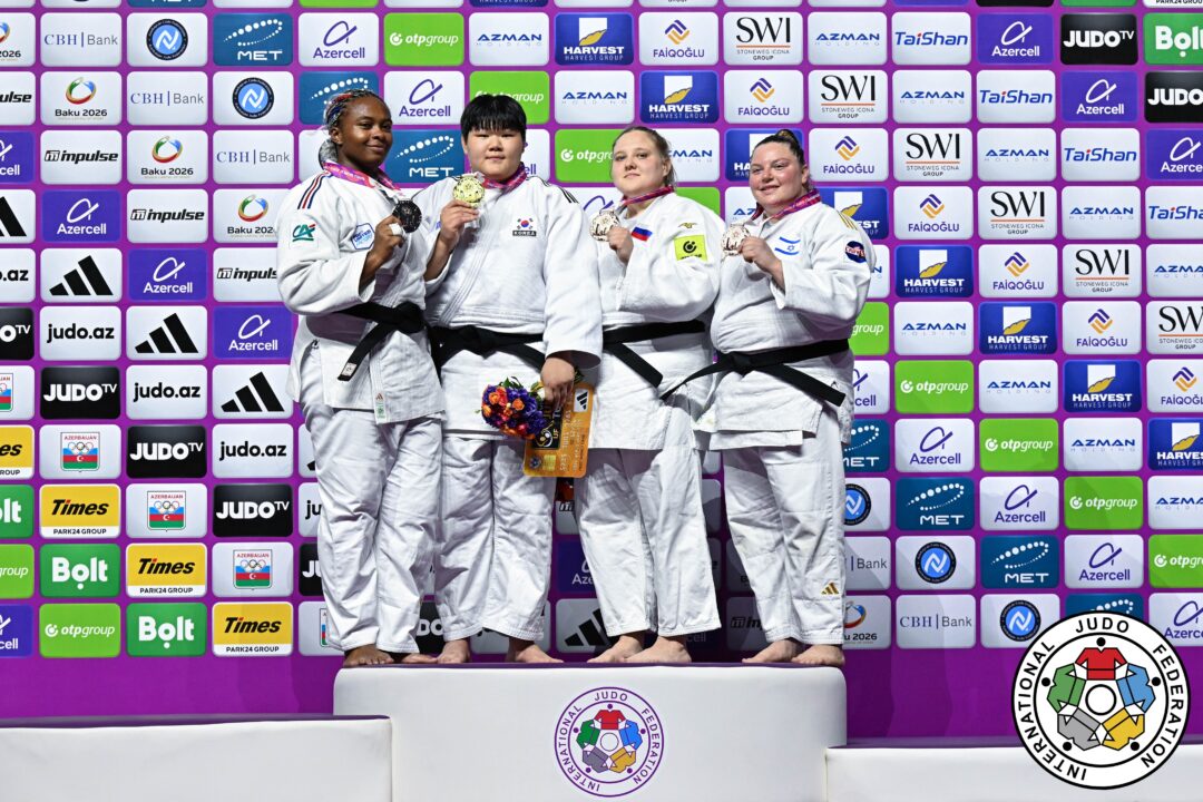78kg超級メダリスト。左から準優勝のホマーヌ・ディッコ、優勝したイ・ヒョンジ、3位のマリーア・イヴァノワとラズ・ヘルシュコ