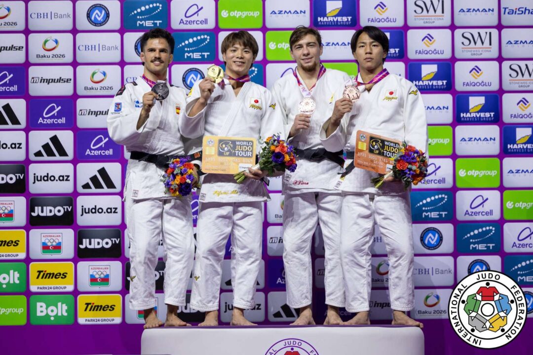 66kg級メダリスト。左から準優勝のダビド・ガルシア＝トルネ、優勝した阿部一二三、3位のデニス・ヴィエルと武岡毅。